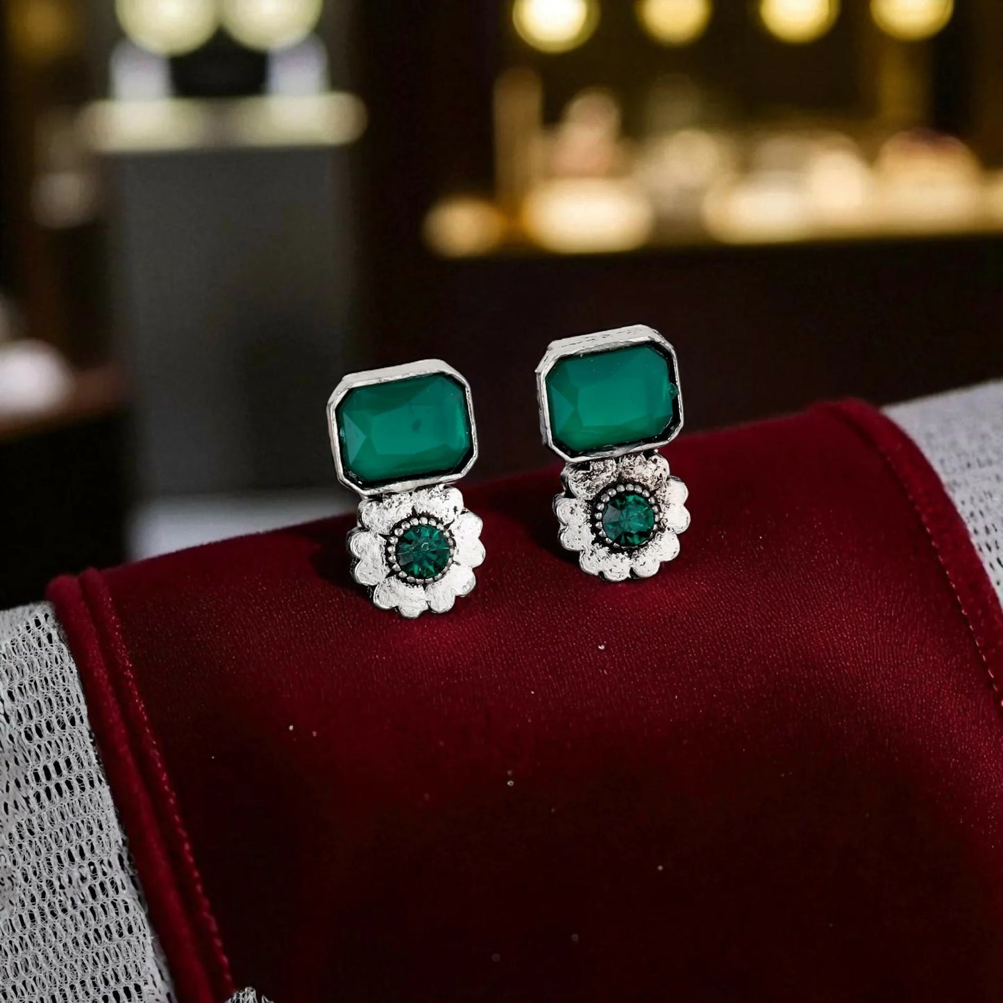 Bohemian Oxidized Silver Choker Set with Emerald Green Stones | Lightweight, Stylish