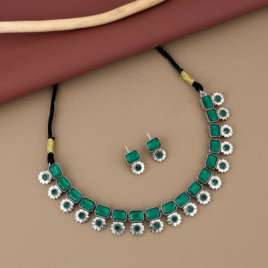 Bohemian Oxidized Silver Choker Set with Emerald Green Stones | Lightweight, Stylish