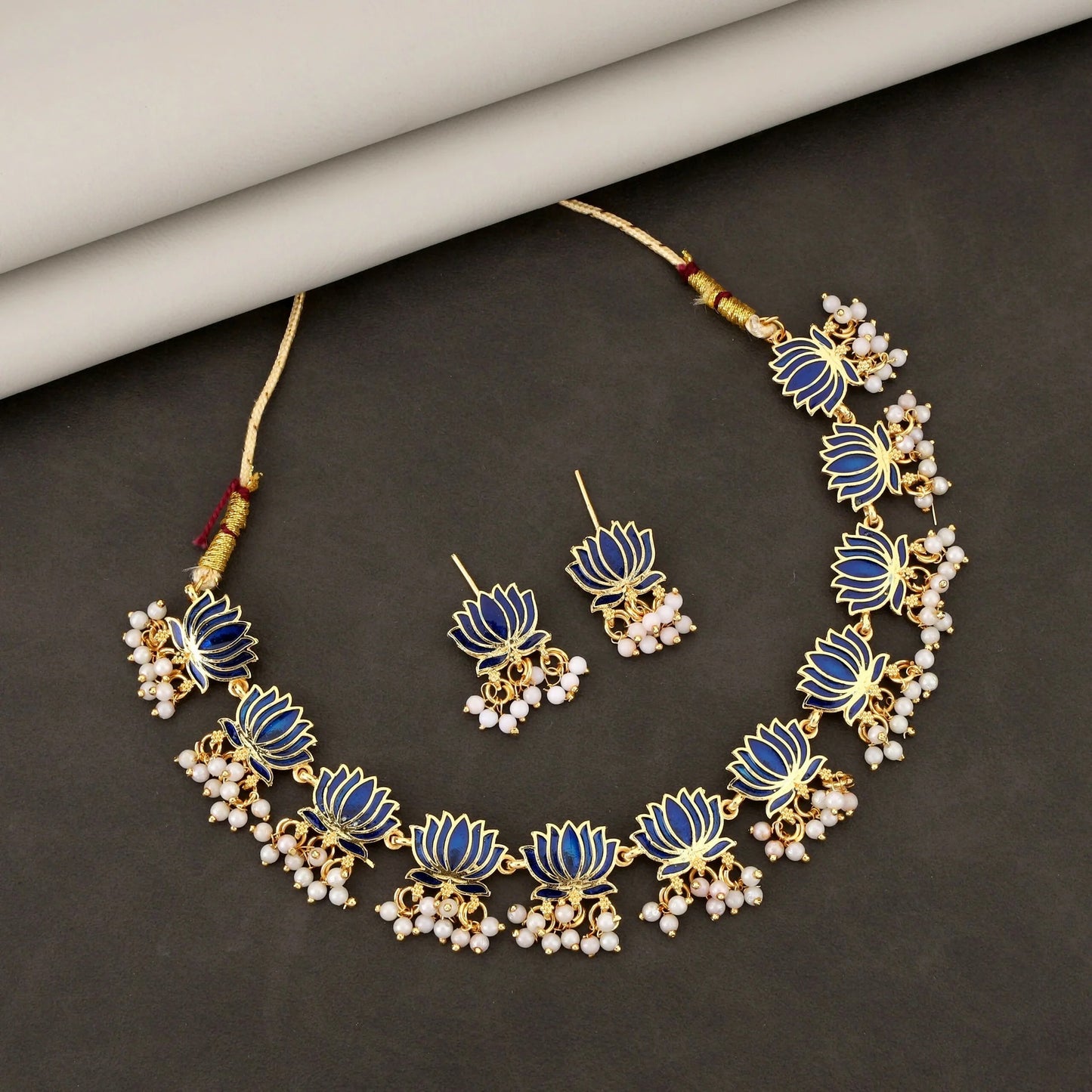 Gold-Toned BLUE Petal & AD Cluster Choker Set | Lightweight, Stylish
