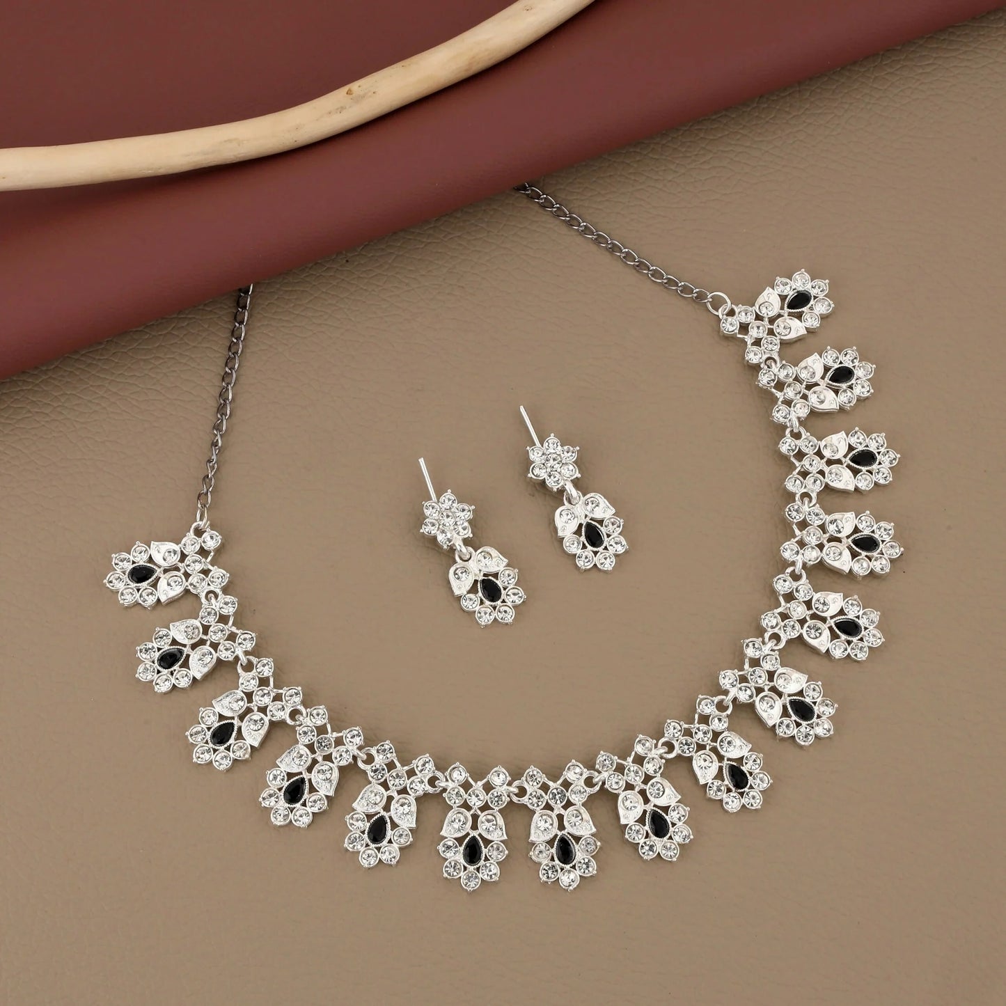 Elegant Silver-Toned American Diamond & Black Stone Set | Lightweight, Stylish