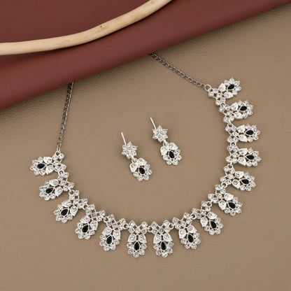Elegant Silver-Toned American Diamond & Black Stone Set | Lightweight, Stylish