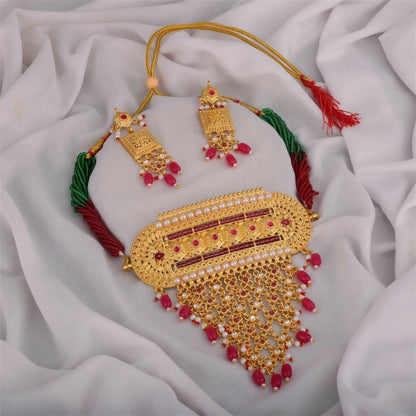 Handcrafted Rajasthani Rajwadi Aad with Ruby Latkan & Pearls with Earrings