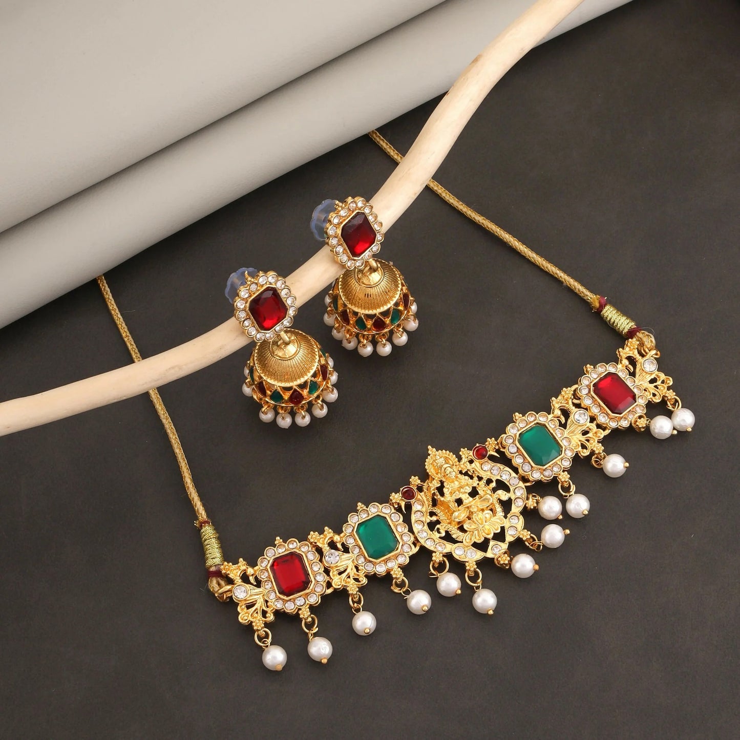 Traditional Gold-Plated Lakshmi Temple Choker Set with Jhumkas | Lightweight, Stylish