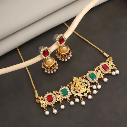 Traditional Gold-Plated Lakshmi Temple Choker Set with Jhumkas | Lightweight, Stylish