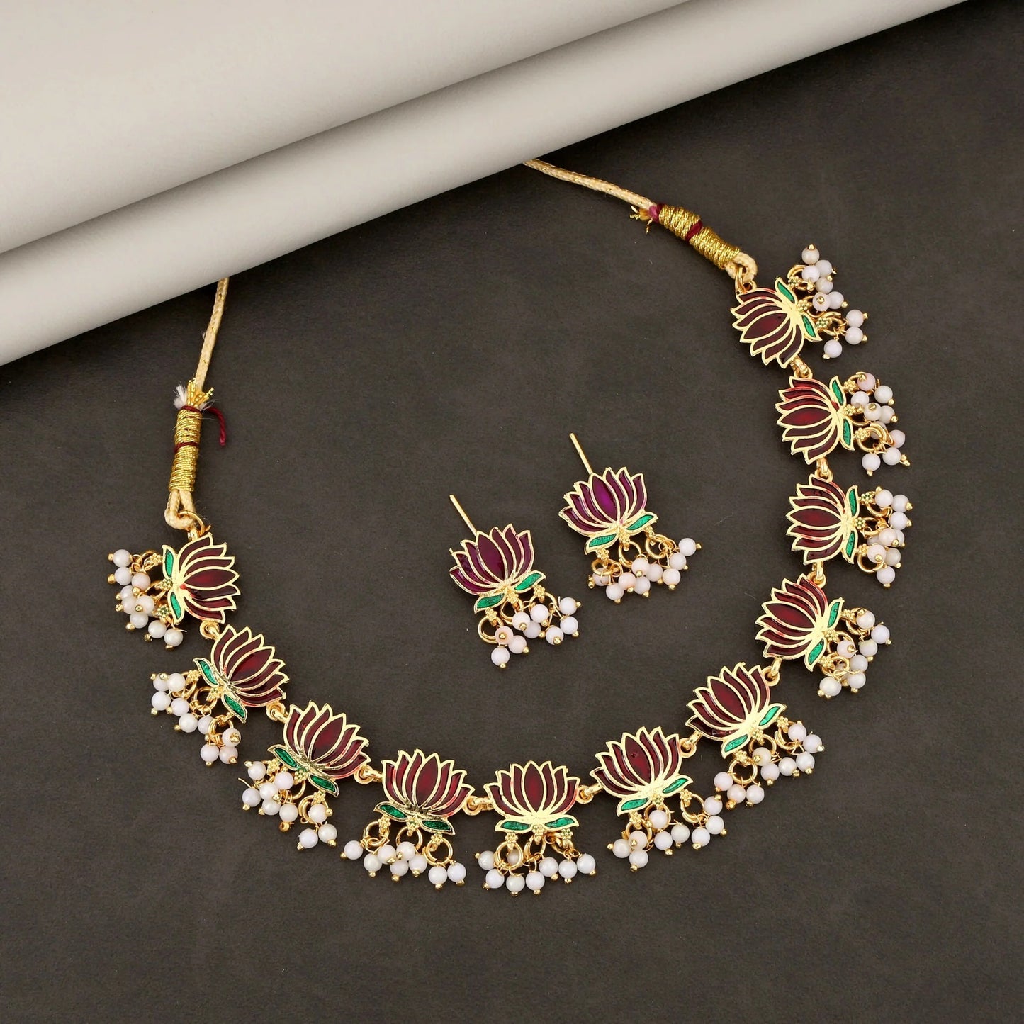 Gold-Toned maroon-Green Enamel Lotus & Pearl Choker Set | Lightweight, Stylish