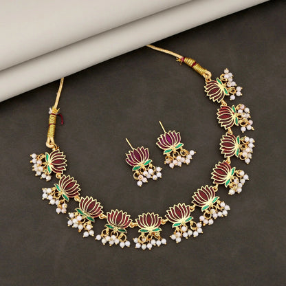 Gold-Toned maroon-Green Enamel Lotus & Pearl Choker Set | Lightweight, Stylish