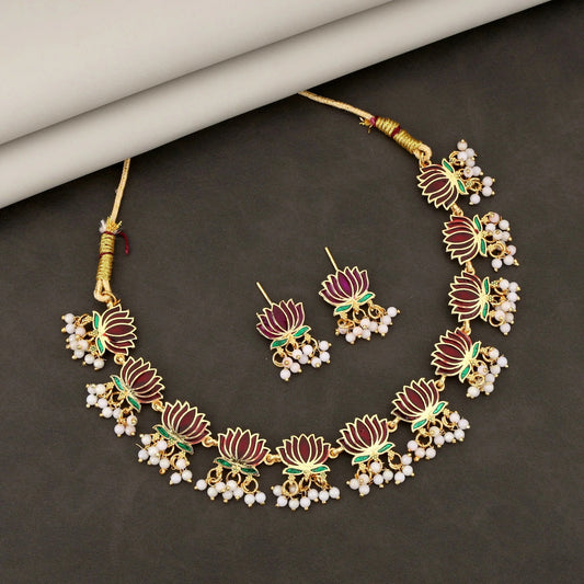Gold-Toned maroon-Green Enamel Lotus & Pearl Choker Set | Lightweight, Stylish