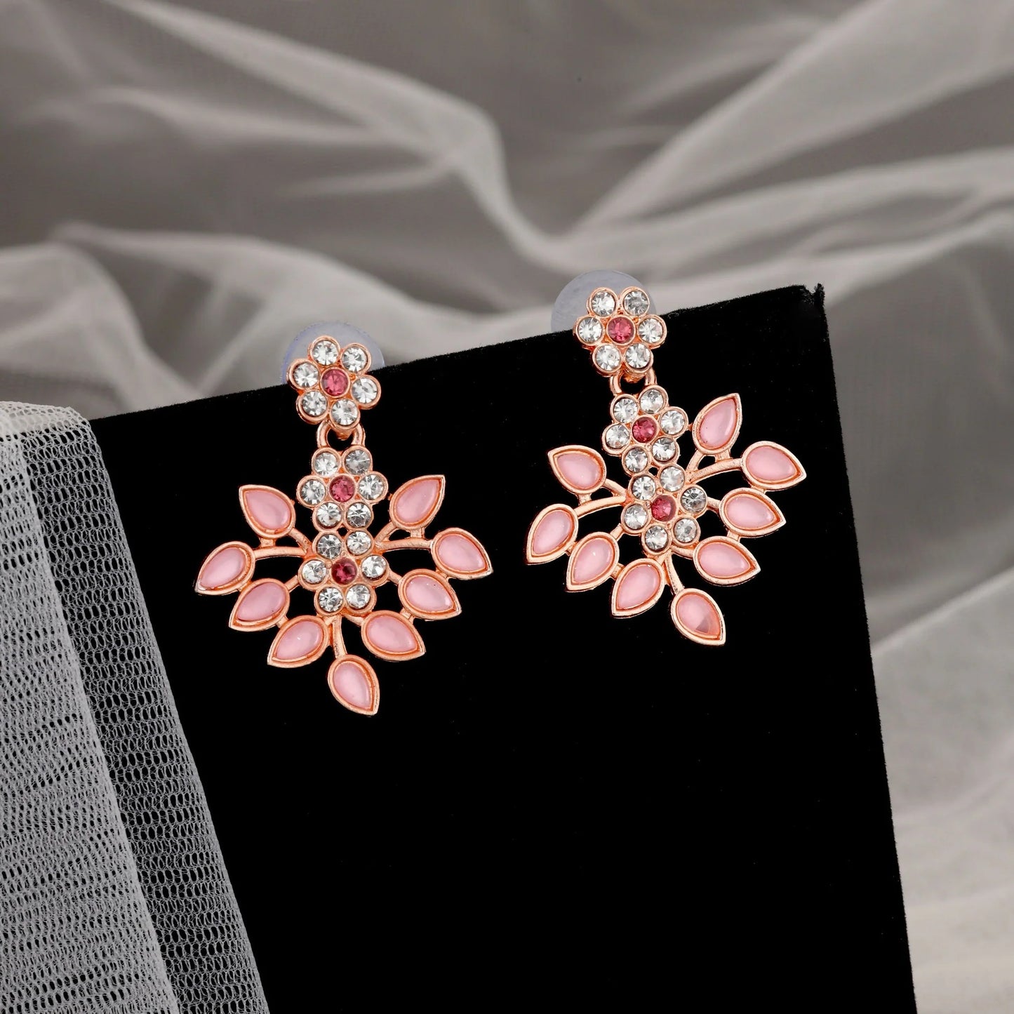 Romantic Rose Gold-Toned Pink Enamel Floral Set | Lightweight, Stylish