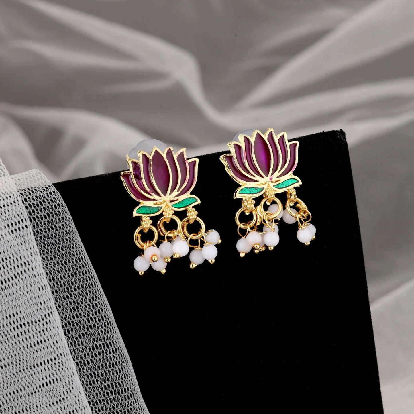 Gold-Toned maroon-Green Enamel Lotus & Pearl Choker Set | Lightweight, Stylish