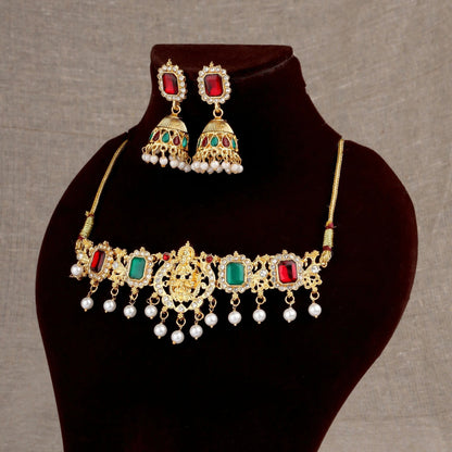 Traditional Gold-Plated Lakshmi Temple Choker Set with Jhumkas | Lightweight, Stylish