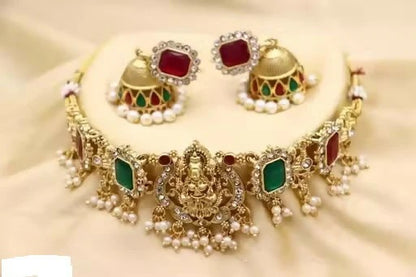 Traditional Gold-Plated Lakshmi Temple Choker Set with Jhumkas | Lightweight, Stylish