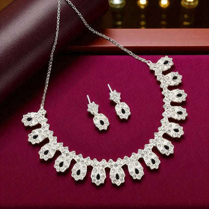 Elegant Silver-Toned American Diamond & Black Stone Set | Lightweight, Stylish