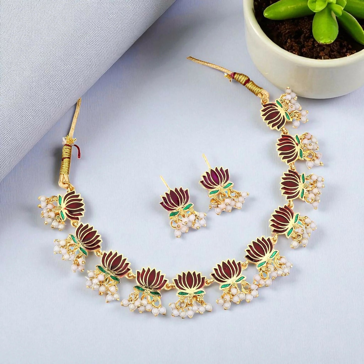 Gold-Toned maroon-Green Enamel Lotus & Pearl Choker Set | Lightweight, Stylish