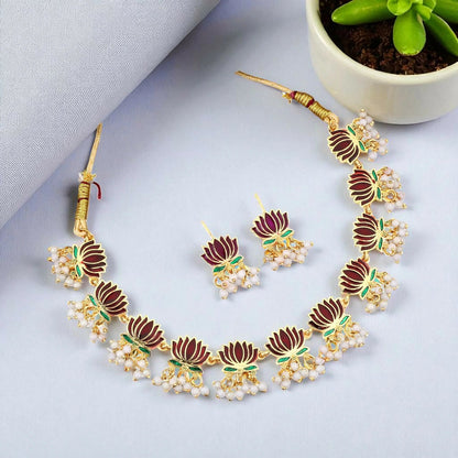 Gold-Toned maroon-Green Enamel Lotus & Pearl Choker Set | Lightweight, Stylish