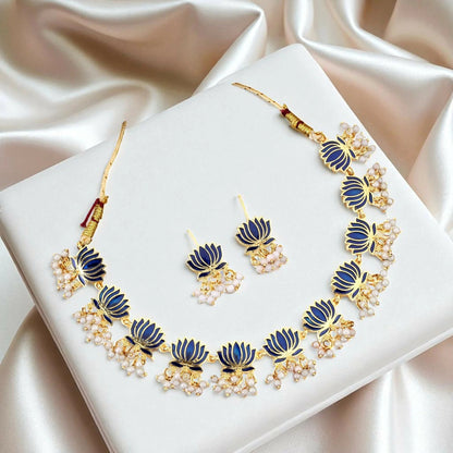 Gold-Toned BLUE Petal & AD Cluster Choker Set | Lightweight, Stylish