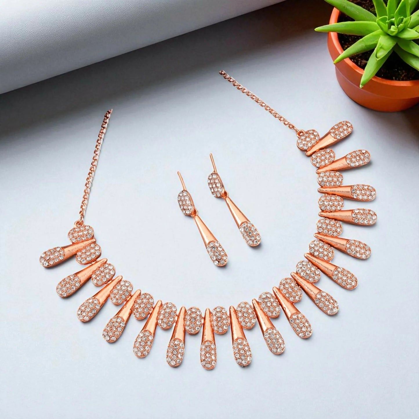 Chic Rose Gold-Toned American Diamond Tassel Necklace Set | Lightweight, Stylish