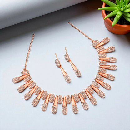 Chic Rose Gold-Toned American Diamond Tassel Necklace Set | Lightweight, Stylish