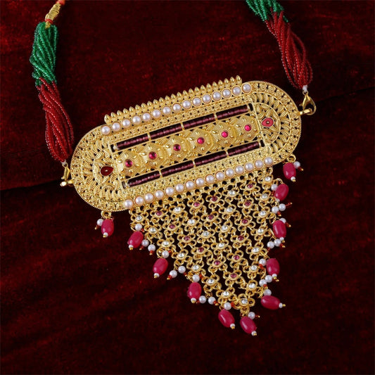 Handcrafted Rajasthani Rajwadi Aad with Ruby Latkan & Pearls with Earrings