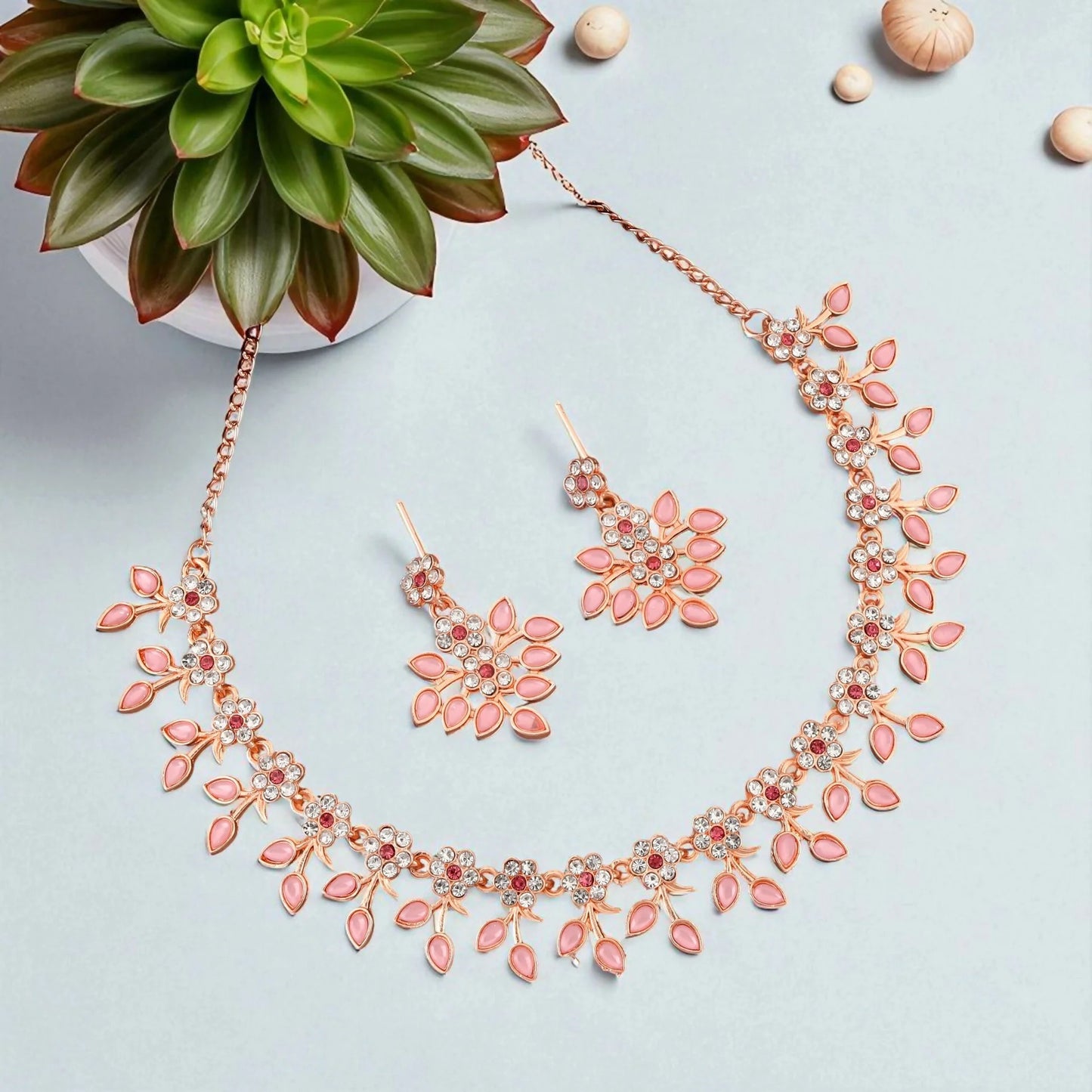 Romantic Rose Gold-Toned Pink Enamel Floral Set | Lightweight, Stylish