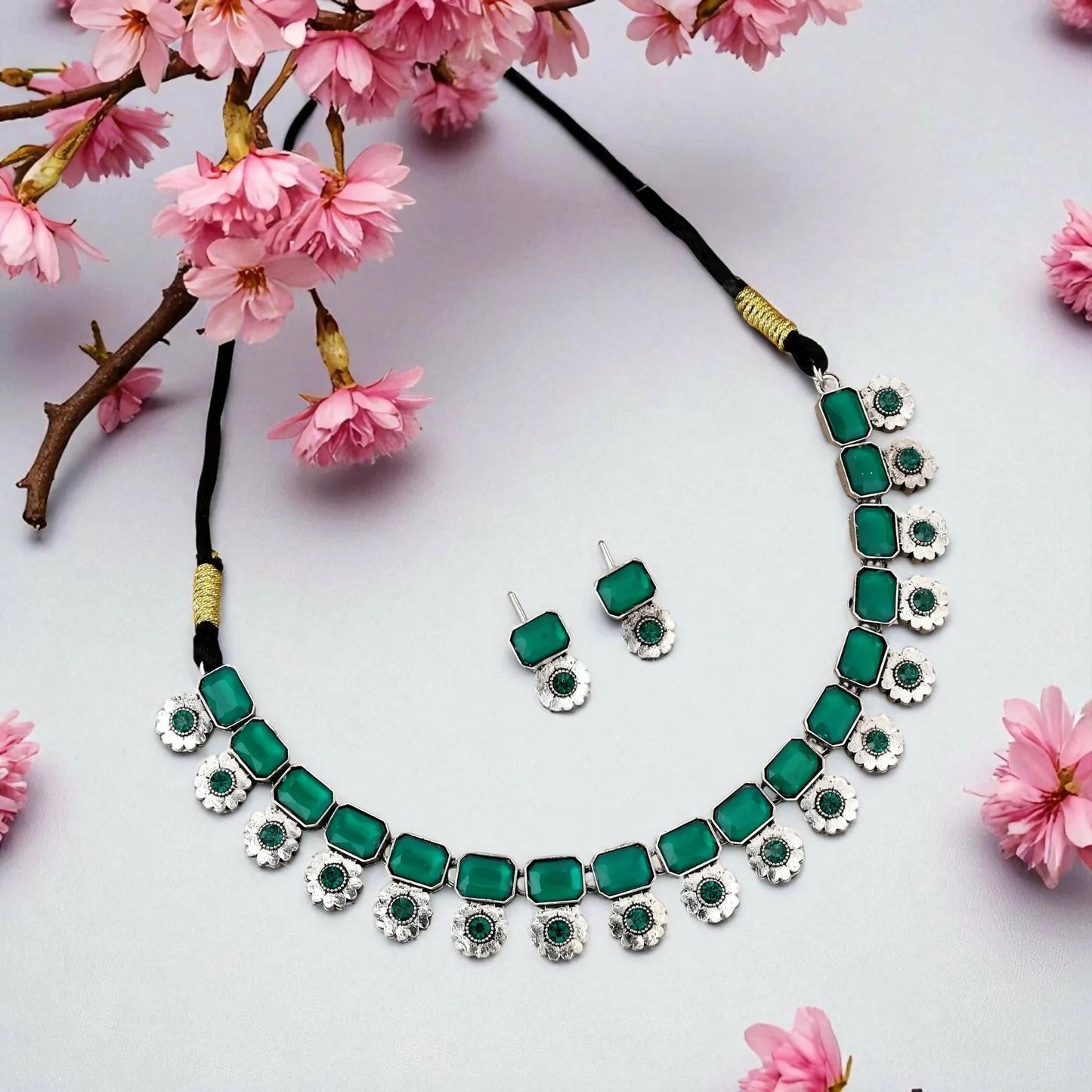 Bohemian Oxidized Silver Choker Set with Emerald Green Stones | Lightweight, Stylish