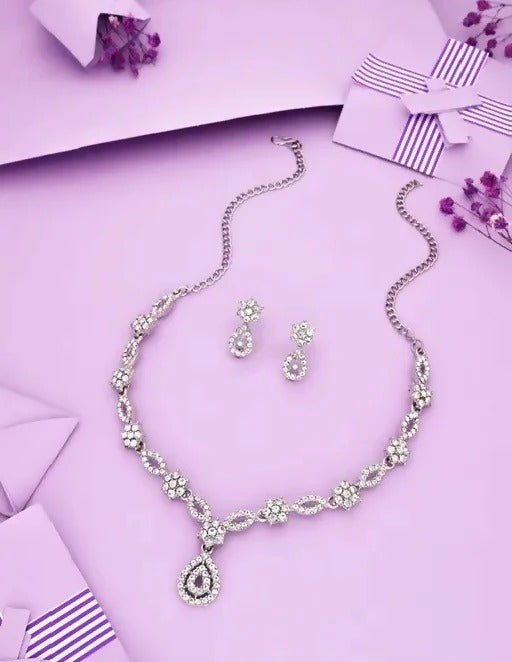 Elegant Silver-Toned American Diamond Jewellery Set | Lightweight, Stylish