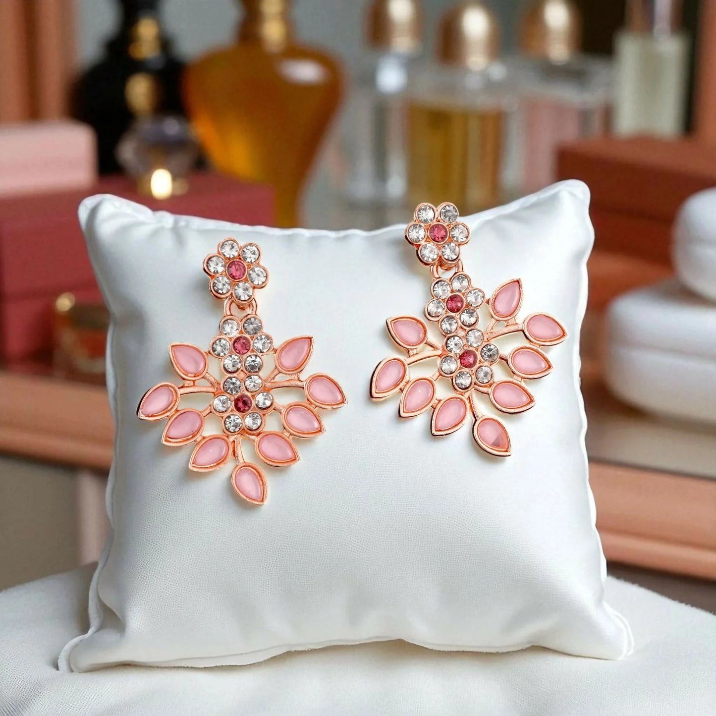 Romantic Rose Gold-Toned Pink Enamel Floral Set | Lightweight, Stylish