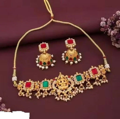 Traditional Gold-Plated Lakshmi Temple Choker Set with Jhumkas | Lightweight, Stylish