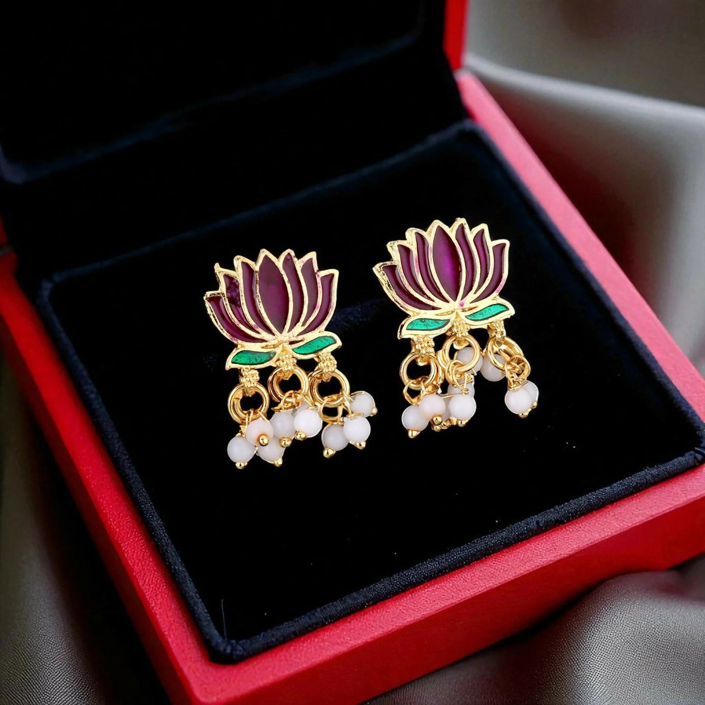 Gold-Toned maroon-Green Enamel Lotus & Pearl Choker Set | Lightweight, Stylish