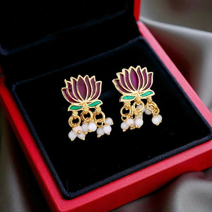 Gold-Toned maroon-Green Enamel Lotus & Pearl Choker Set | Lightweight, Stylish