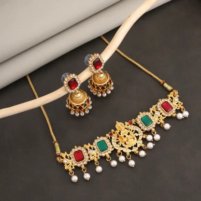 Traditional Gold-Plated Lakshmi Temple Choker Set with Jhumkas | Lightweight, Stylish